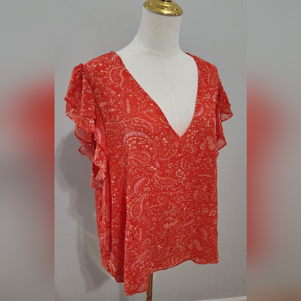 1.State Blouse V-Neck Chiffon Floral Ruffled Sleeves Casual Top Size XXL